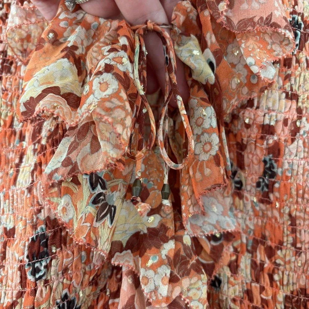 Ulla‎ Johnson Tamara Dress Silk Mini Metallic Floral Print Coral Size 2 Tiered